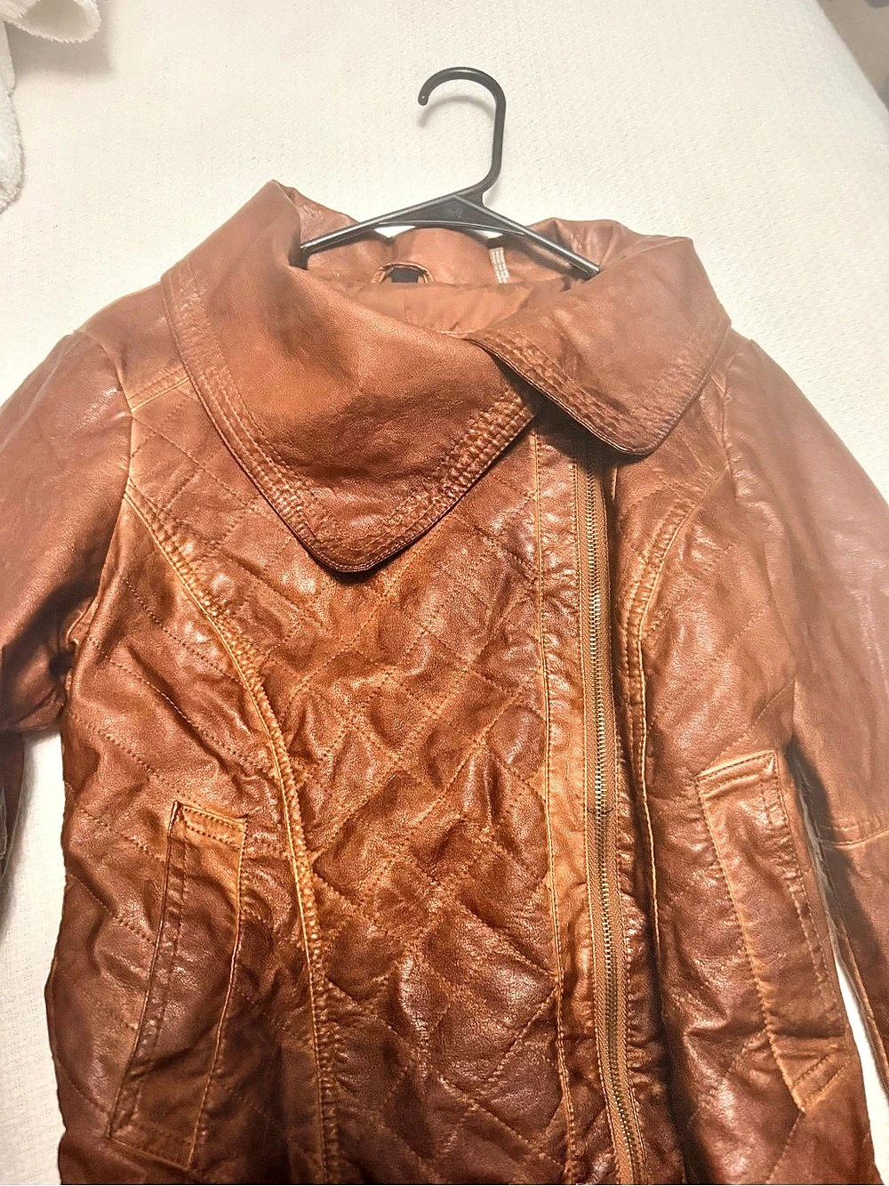 GUESS Brown Quilted Leather Jacket